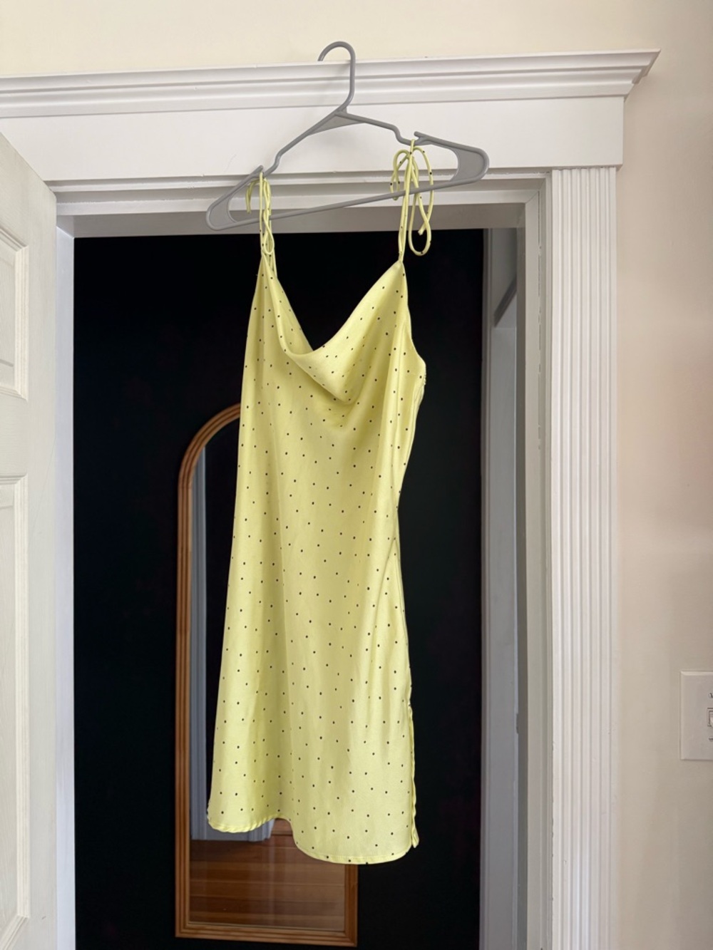 Reformation Par Yellow Slip Mini Dress with Black Dot Print